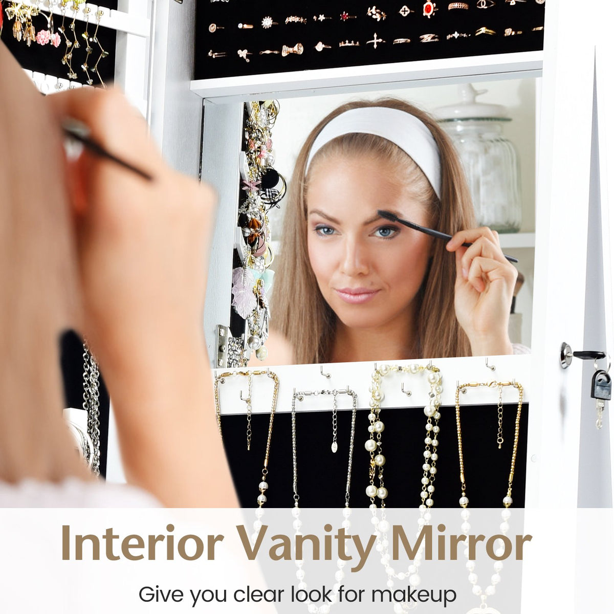 Lockable Freestanding Jewelry Armoire with Full Length Mirror-White view 8
