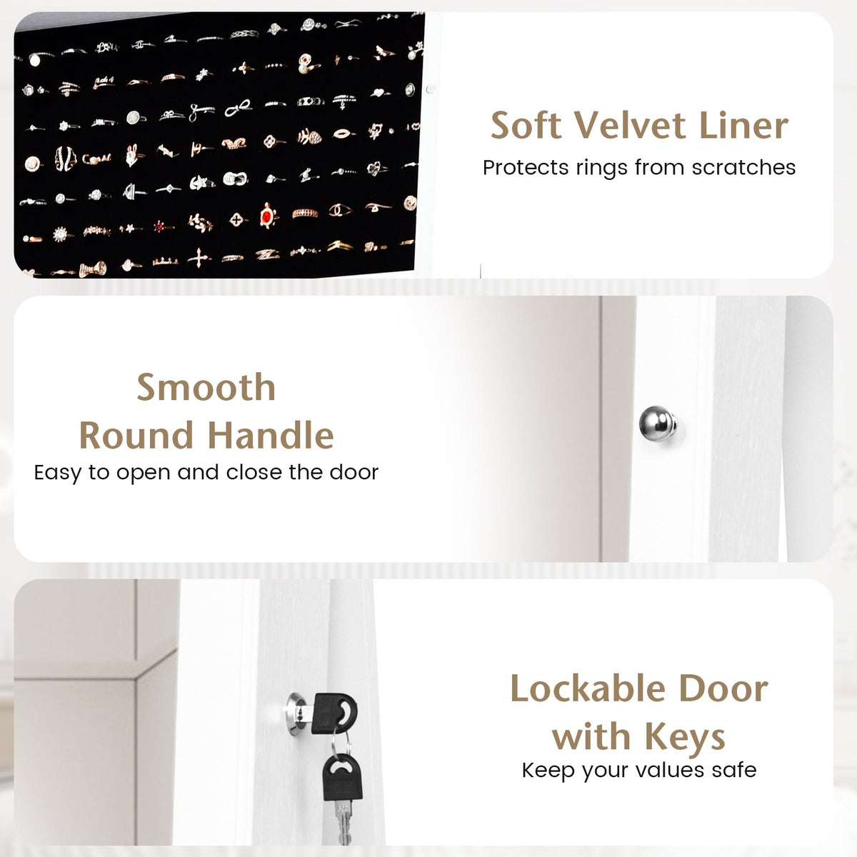 Lockable Freestanding Jewelry Armoire with Full Length Mirror-White view 9