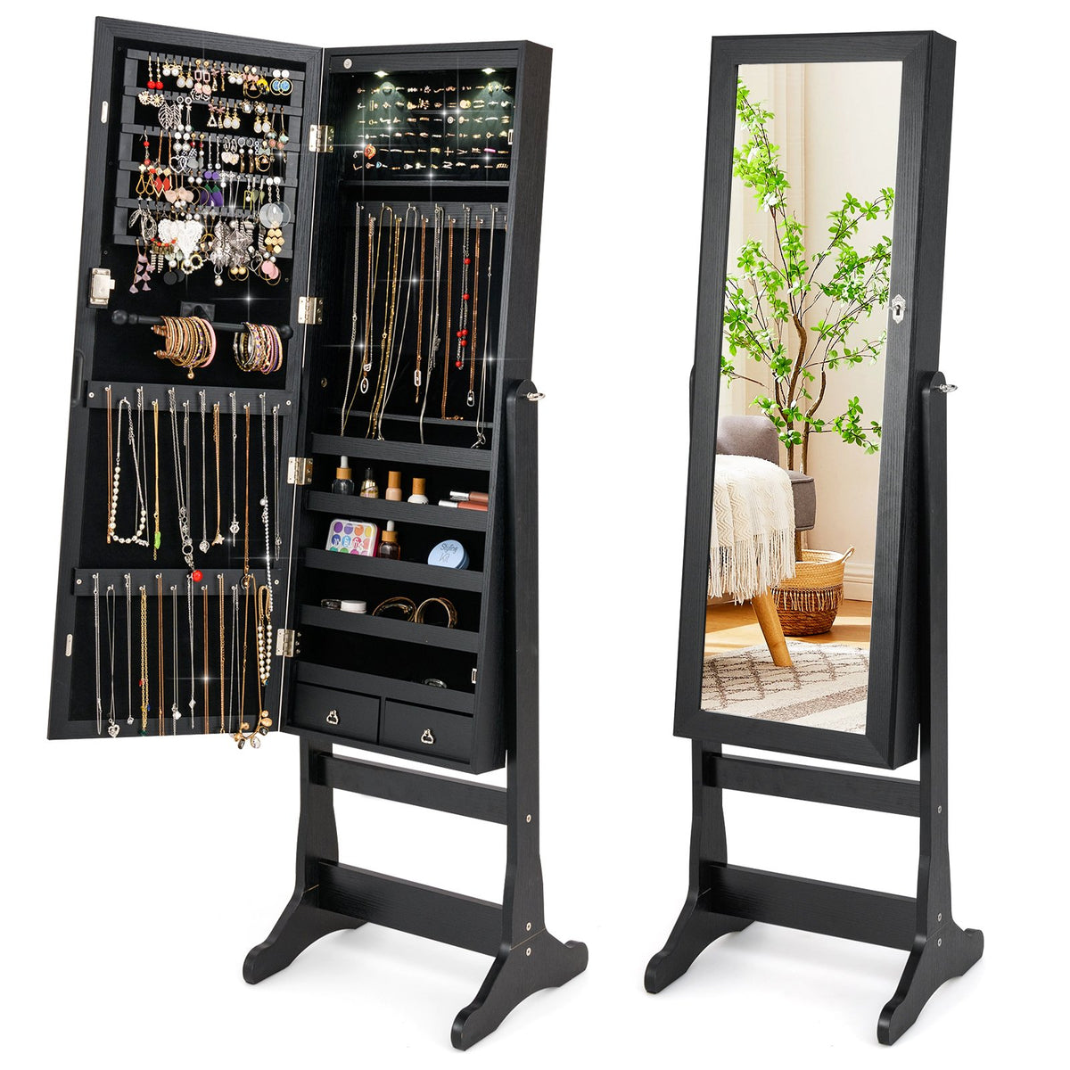 Lockable Freestanding Jewelry Cabinet Armoire with Full-Length Mirror and Lights-Black