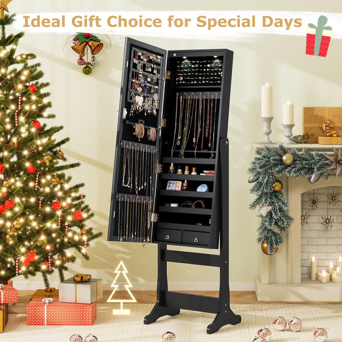 Lockable Freestanding Jewelry Cabinet Armoire with Full-Length Mirror and Lights-Black view 2