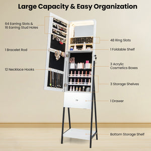 Lockable Freestanding Jewelry Organizer with Full-Length Frameless Mirror-White view 8