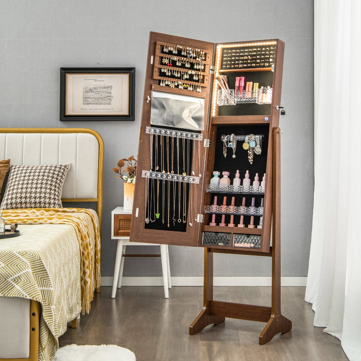 Lockable Jewelry Armoire Standing Cabinet with Lighted Full-Length Mirror-Walnut view 2