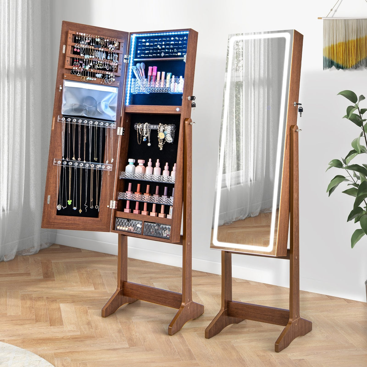 Lockable Jewelry Armoire Standing Cabinet with Lighted Full-Length Mirror-Walnut view 5