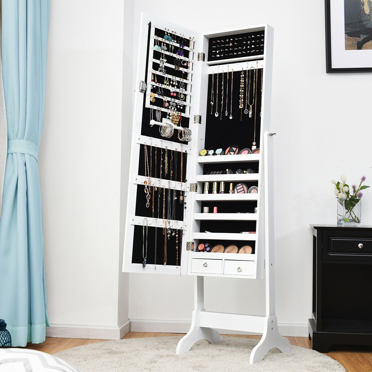 Lockable Mirrored Jewelry Cabinet Armoire Storage Organizer Box-White view 2