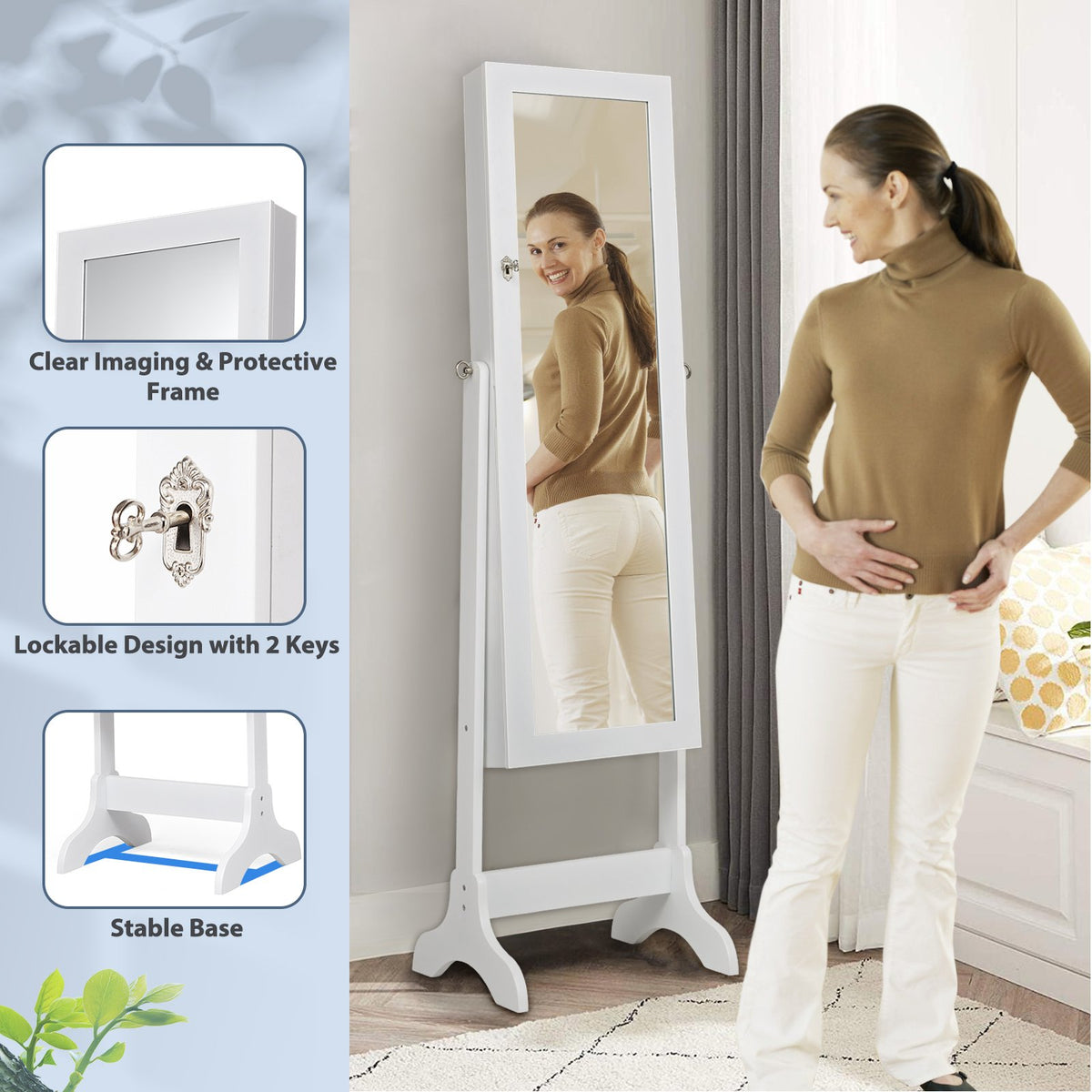Lockable Mirrored Jewelry Cabinet Armoire Storage Organizer Box-White view 3