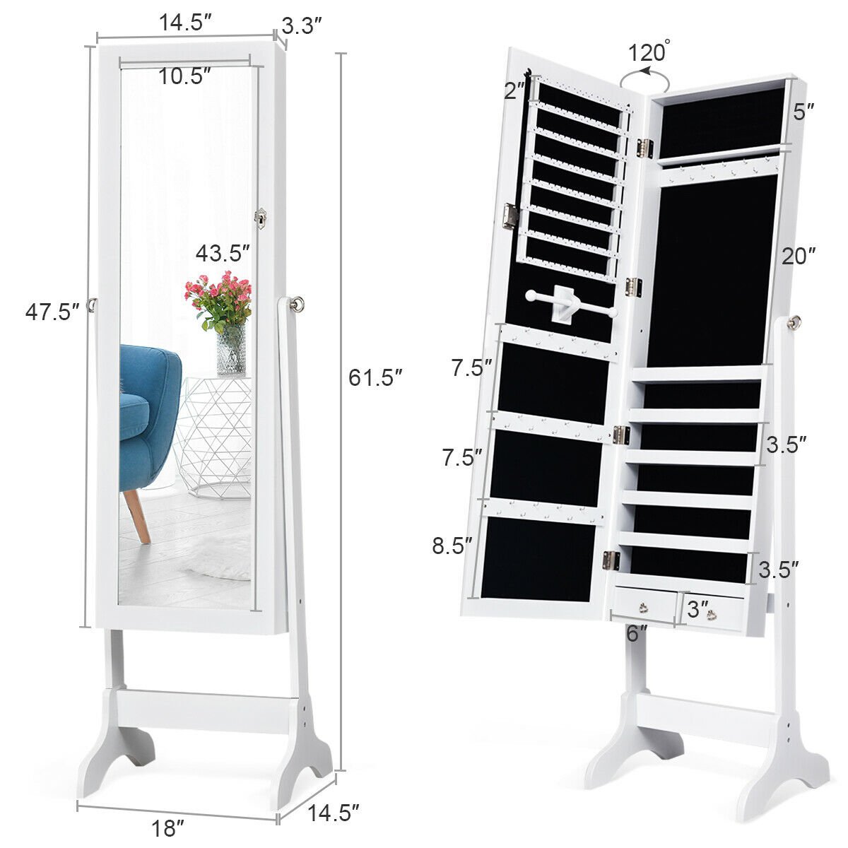 Lockable Mirrored Jewelry Cabinet Armoire Storage Organizer Box-White view 4