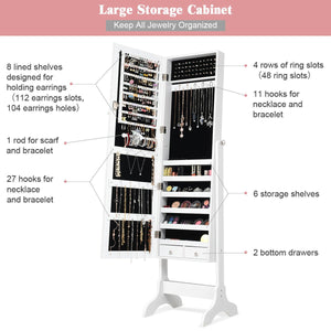 Lockable Mirrored Jewelry Cabinet Armoire Storage Organizer Box-White view 5