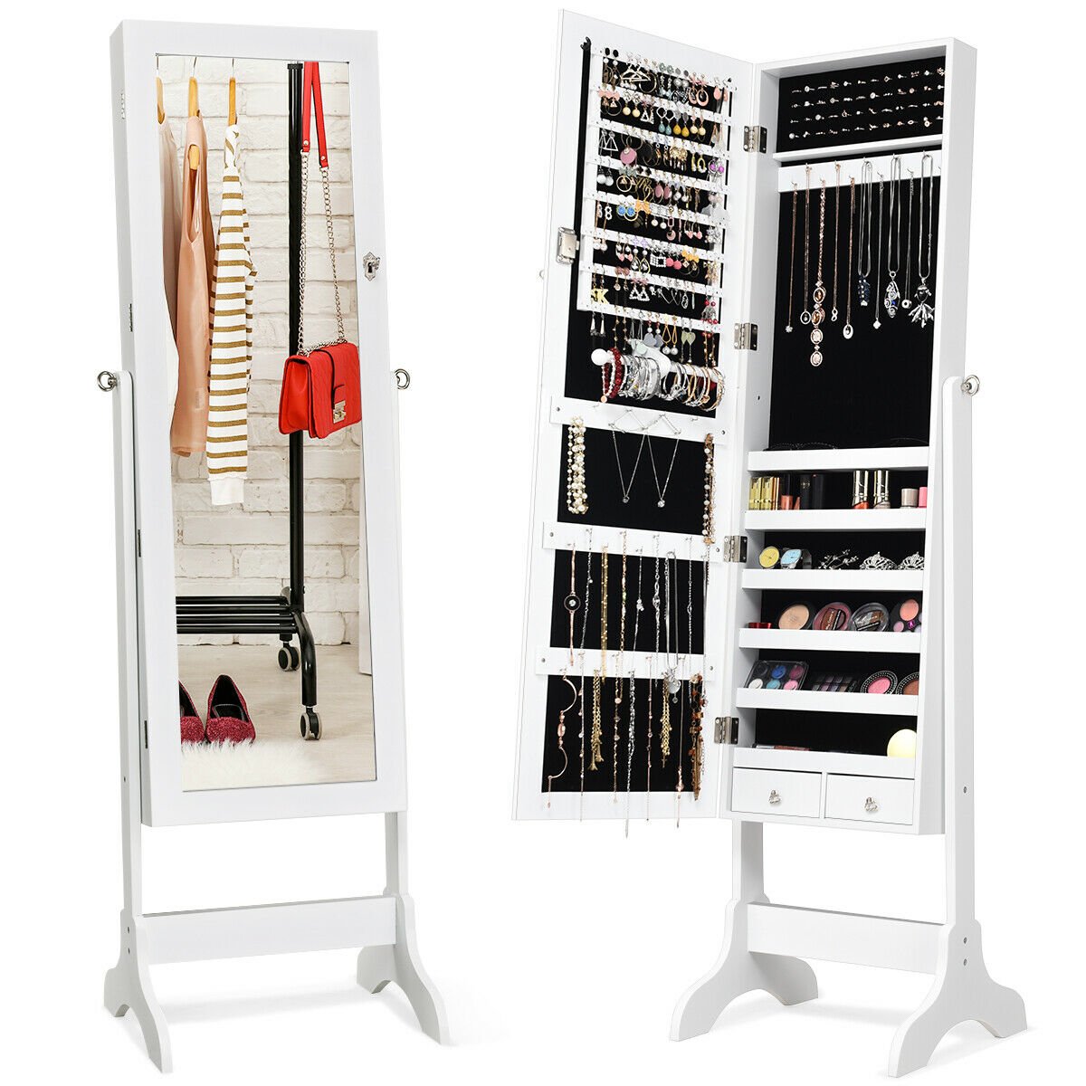 Lockable Mirrored Jewelry Cabinet Armoire Storage Organizer Box-White view 8