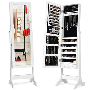 Lockable Mirrored Jewelry Cabinet Armoire Storage Organizer Box-White view 8