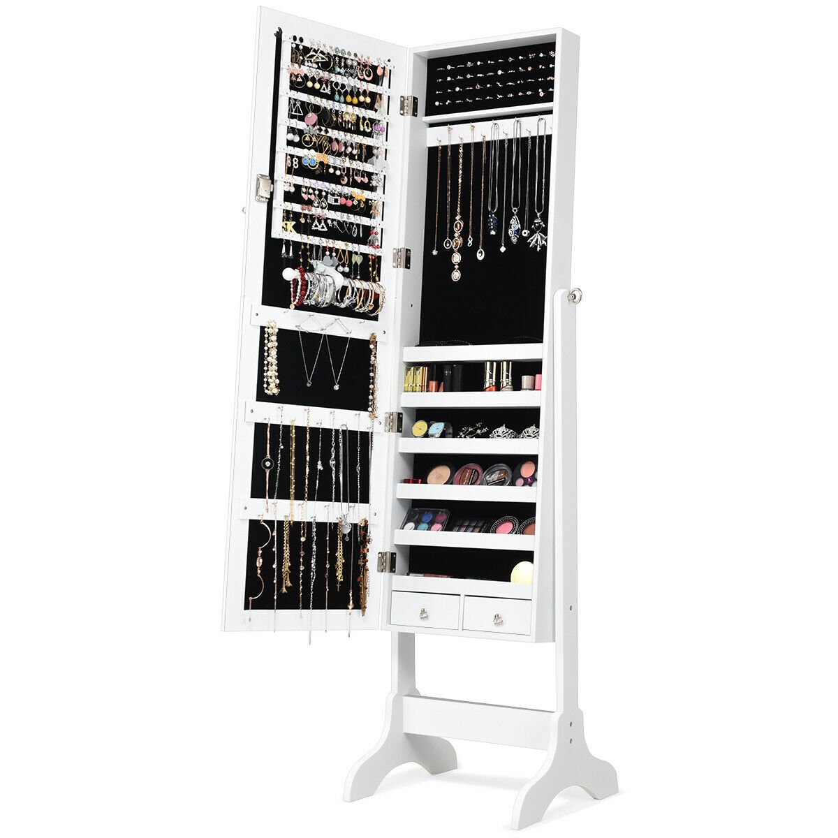 Lockable Mirrored Jewelry Cabinet Armoire Storage Organizer Box-White view 9