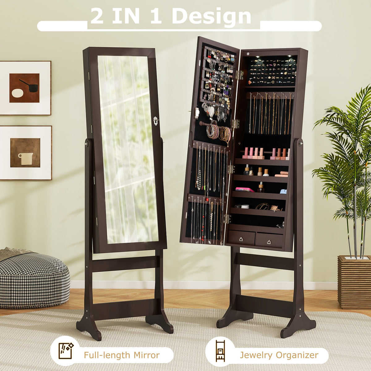 Lockable Mirrored Jewelry Cabinet with Stand and Led Lights-Brown view 4
