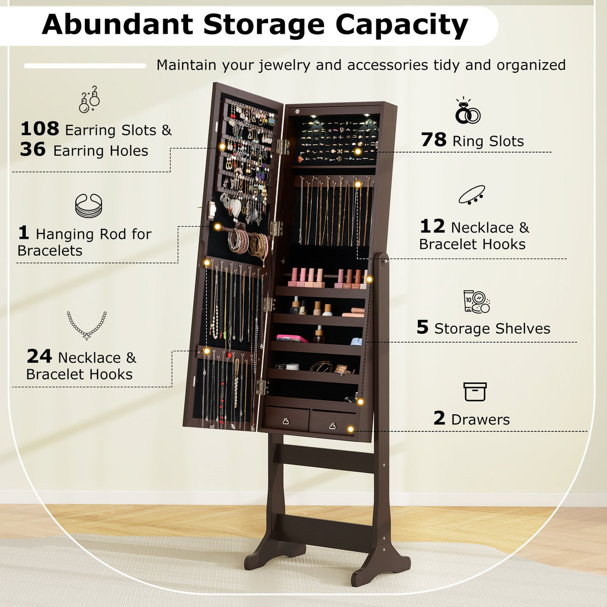 Lockable Mirrored Jewelry Cabinet with Stand and Led Lights-Brown view 7