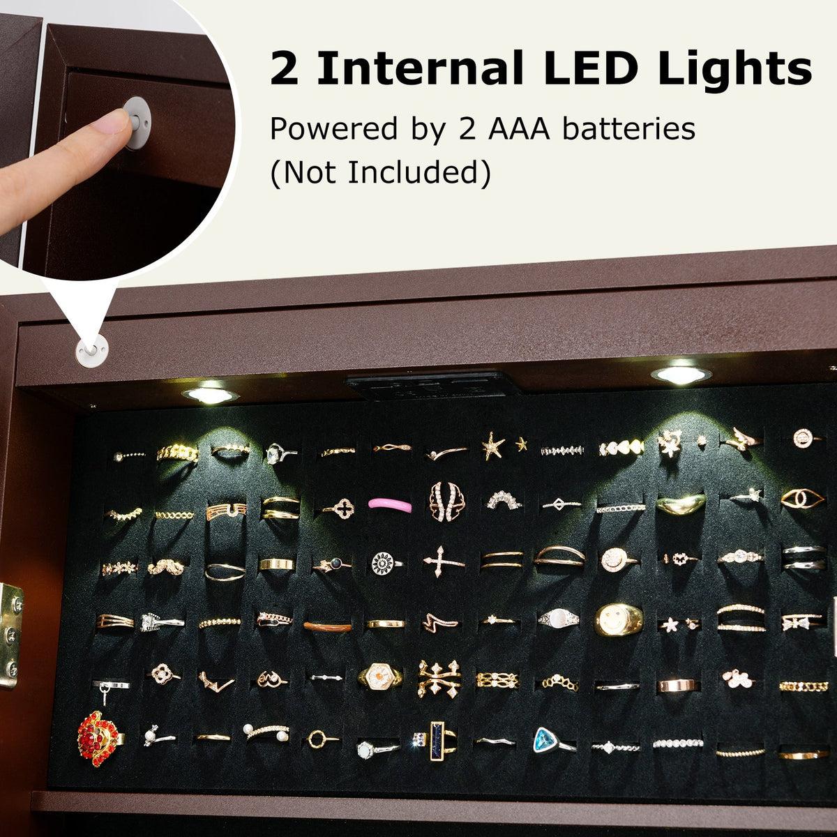 Lockable Mirrored Jewelry Cabinet with Stand and Led Lights-Brown view 8