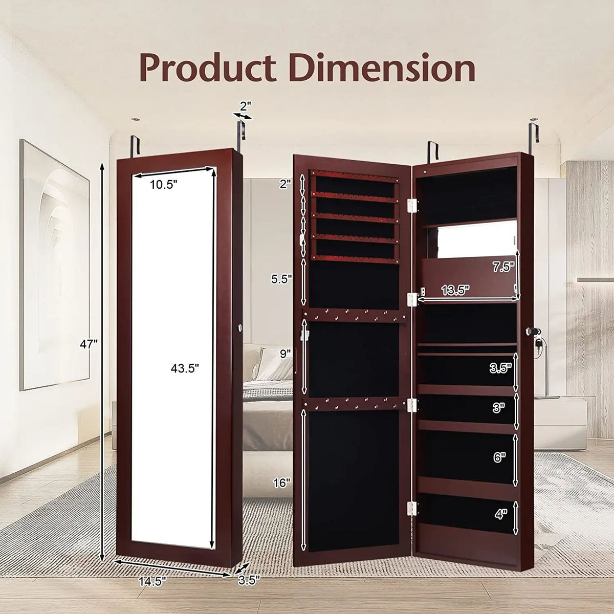Lockable Wall Door Mounted Mirror Jewelry Cabinet w/LED Lights-Brown view 4