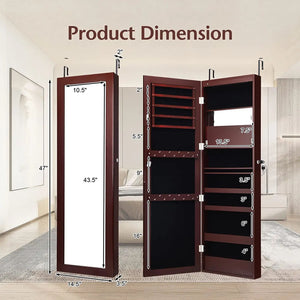 Lockable Wall Door Mounted Mirror Jewelry Cabinet w/LED Lights-Brown view 4