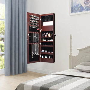 Lockable Wall Door Mounted Mirror Jewelry Cabinet w/LED Lights-Brown view 6