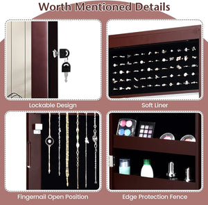 Lockable Wall Door Mounted Mirror Jewelry Cabinet w/LED Lights-Brown view 7