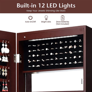 Lockable Wall Door Mounted Mirror Jewelry Cabinet w/LED Lights-Brown view 8