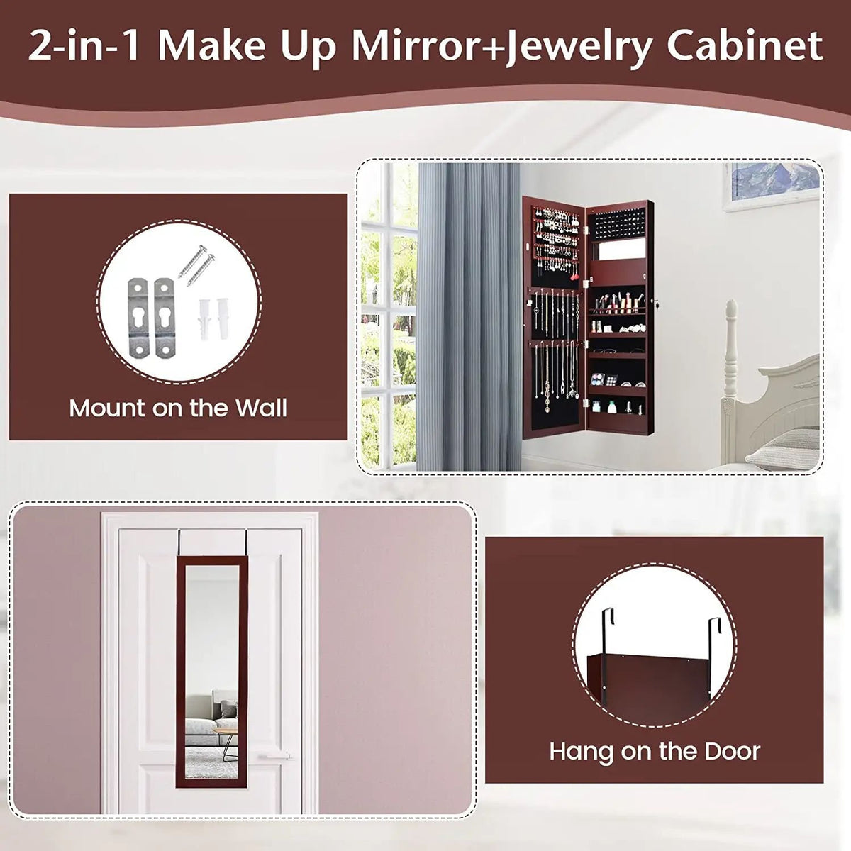 Lockable Wall Door Mounted Mirror Jewelry Cabinet w/LED Lights-Brown view 9