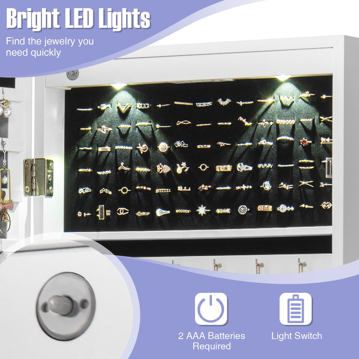 Lockable Wall Mount Mirrored Jewelry Cabinet with LED Lights-White view 5