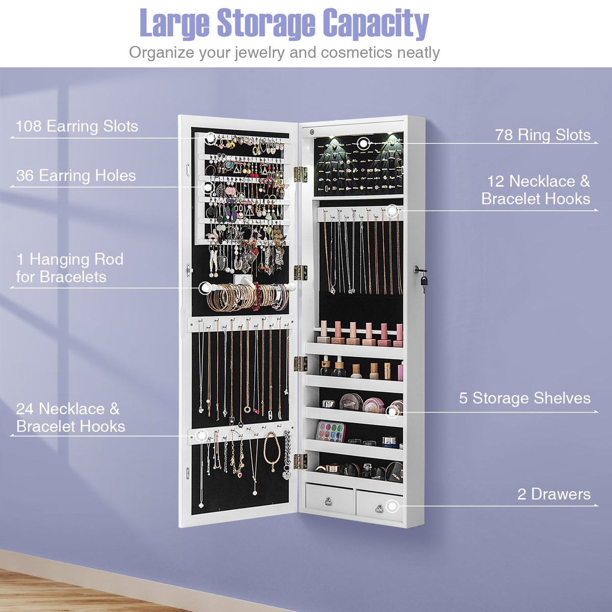 Lockable Wall Mount Mirrored Jewelry Cabinet with LED Lights-White view 6