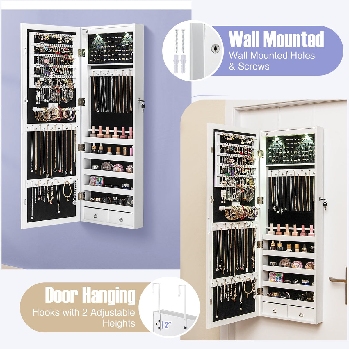 Lockable Wall Mount Mirrored Jewelry Cabinet with LED Lights-White view 7