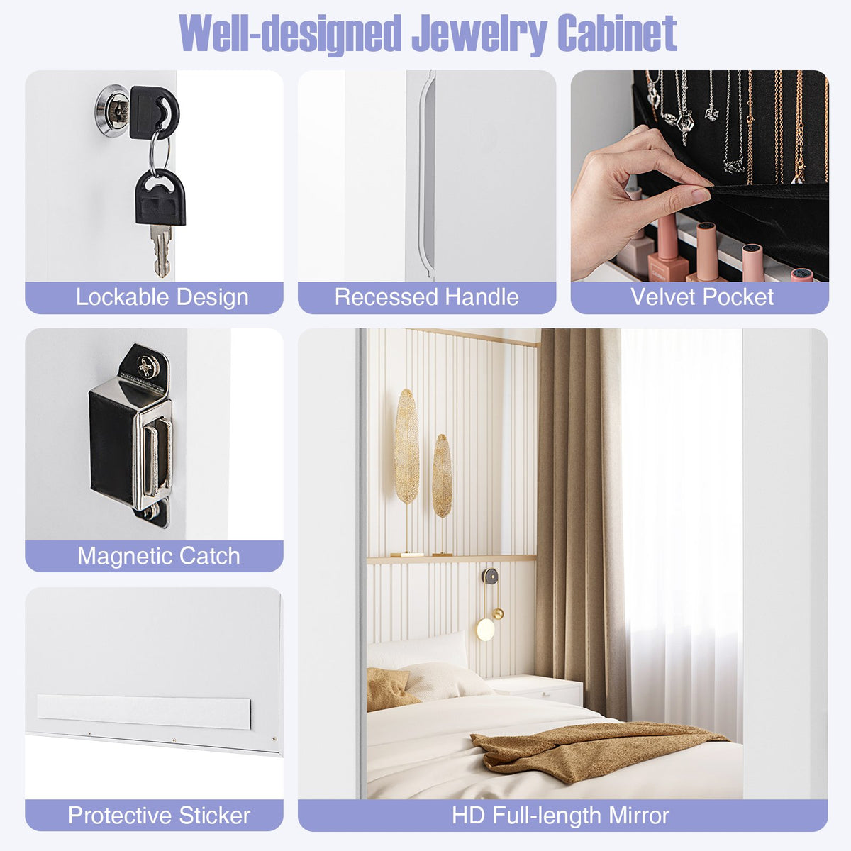 Lockable Wall Mount Mirrored Jewelry Cabinet with LED Lights-White view 9