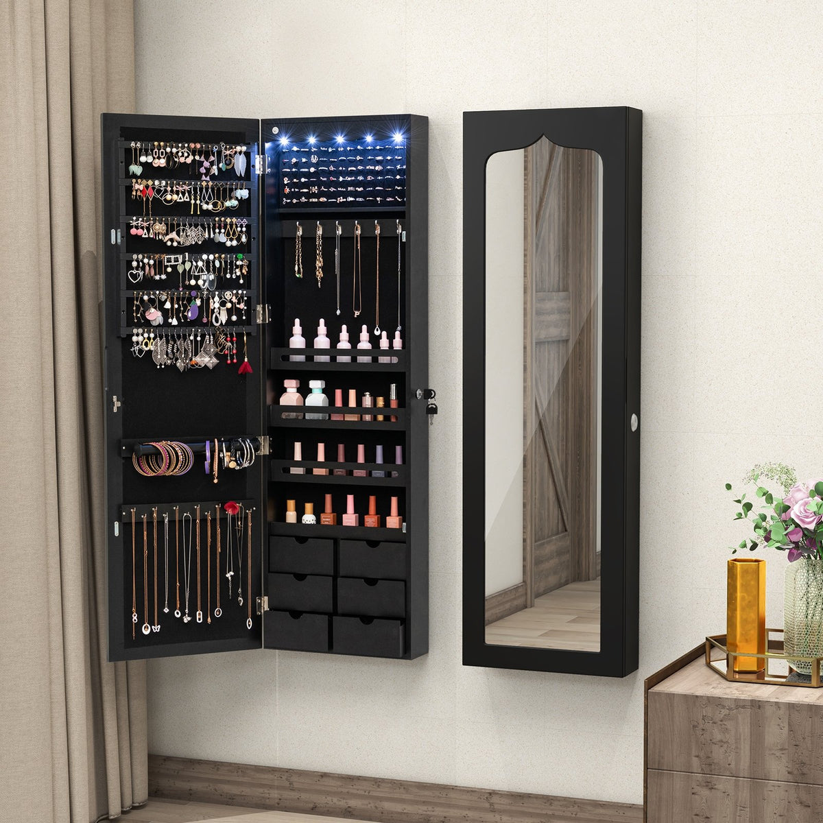 Lockable Wall Mounted Mirror Jewelry Armoire with 5 LEDs and 6 Drawers-Black view 2