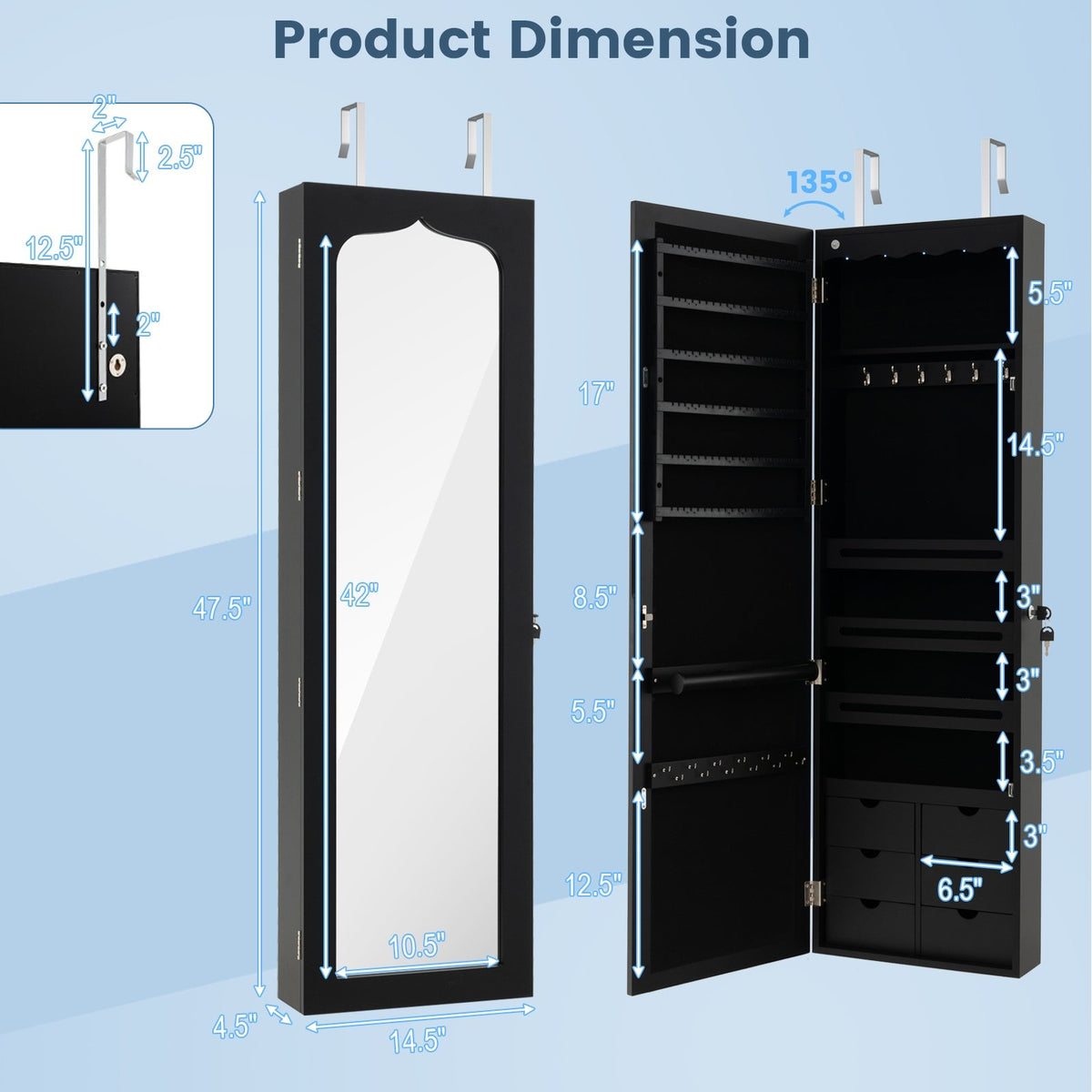 Lockable Wall Mounted Mirror Jewelry Armoire with 5 LEDs and 6 Drawers-Black view 5
