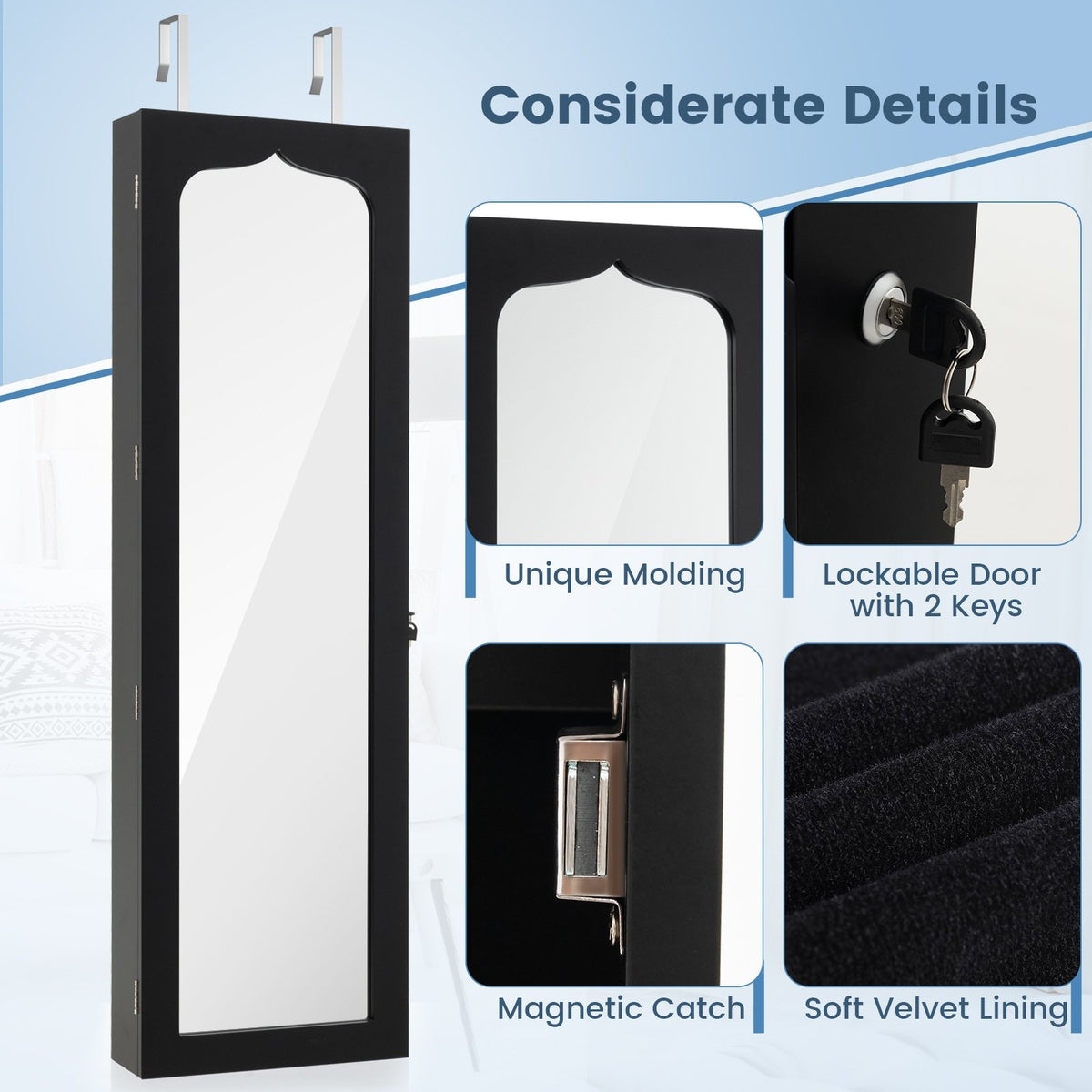 Lockable Wall Mounted Mirror Jewelry Armoire with 5 LEDs and 6 Drawers-Black view 6