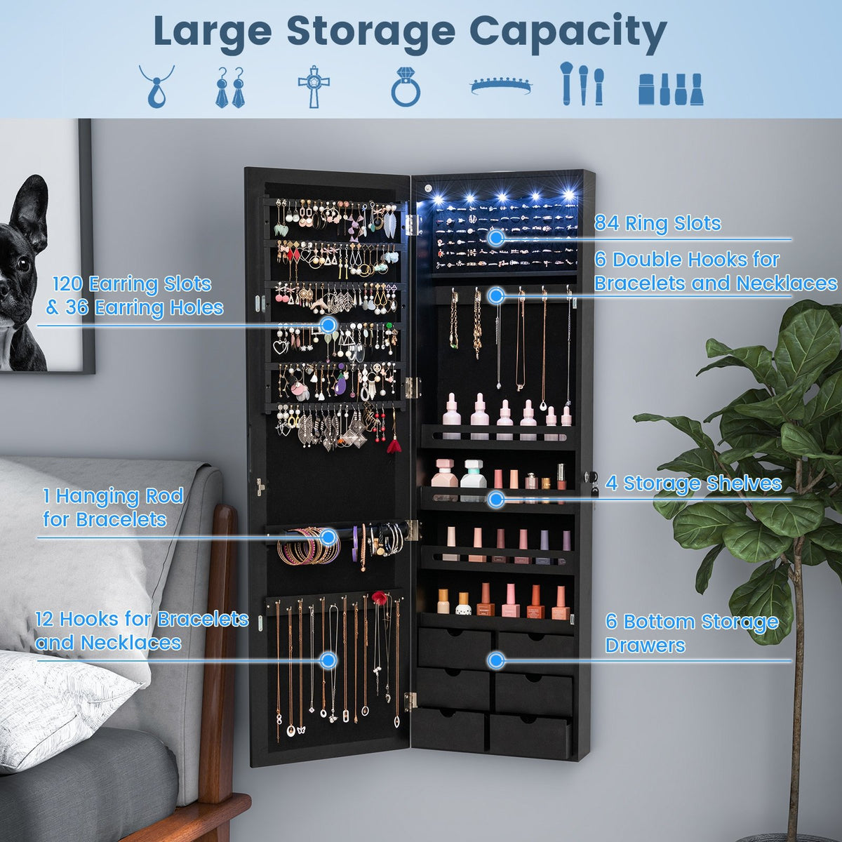 Lockable Wall Mounted Mirror Jewelry Armoire with 5 LEDs and 6 Drawers-Black view 8