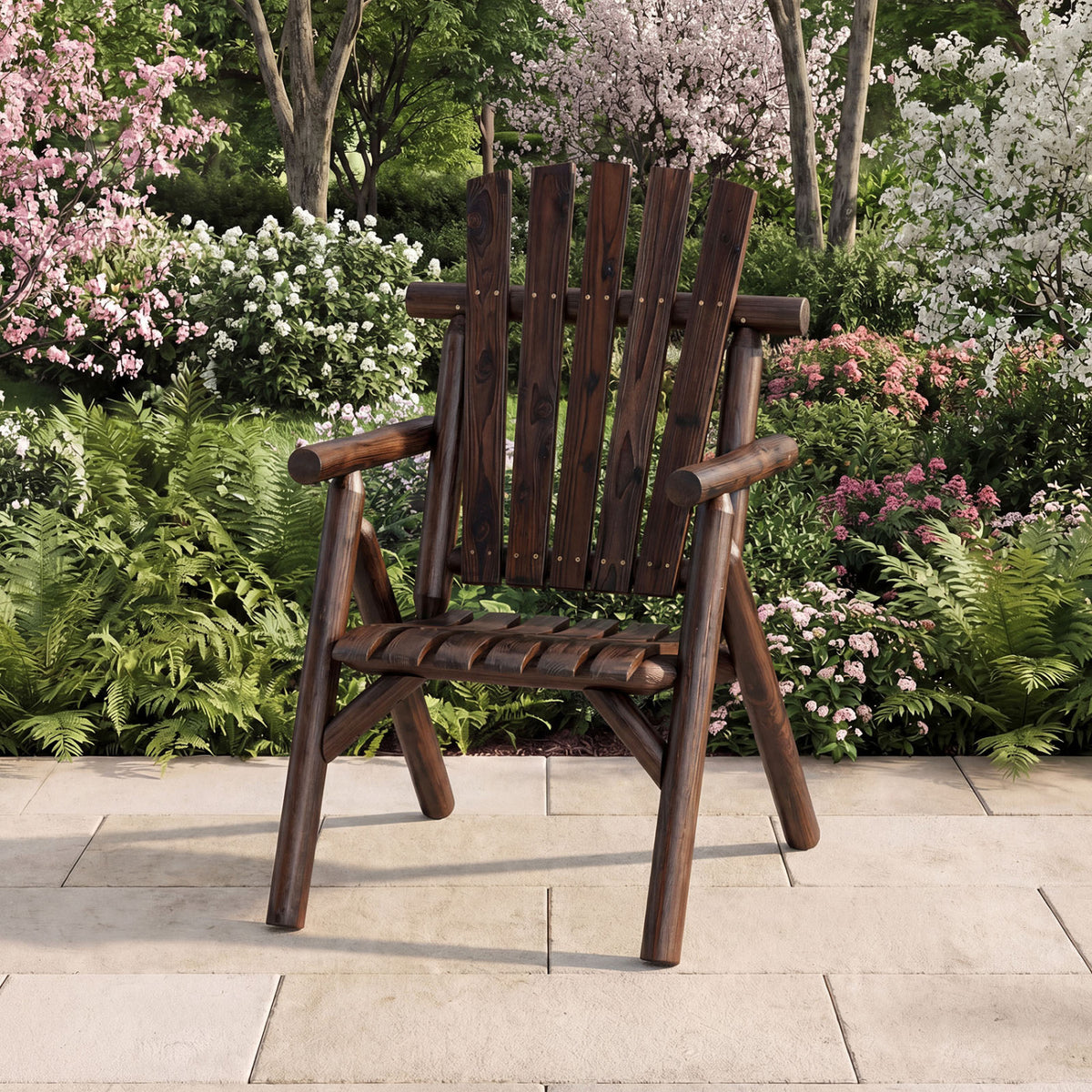 Log Wood Patio Chair with Slatted Backrest for Deck Backyard-Brown view 2