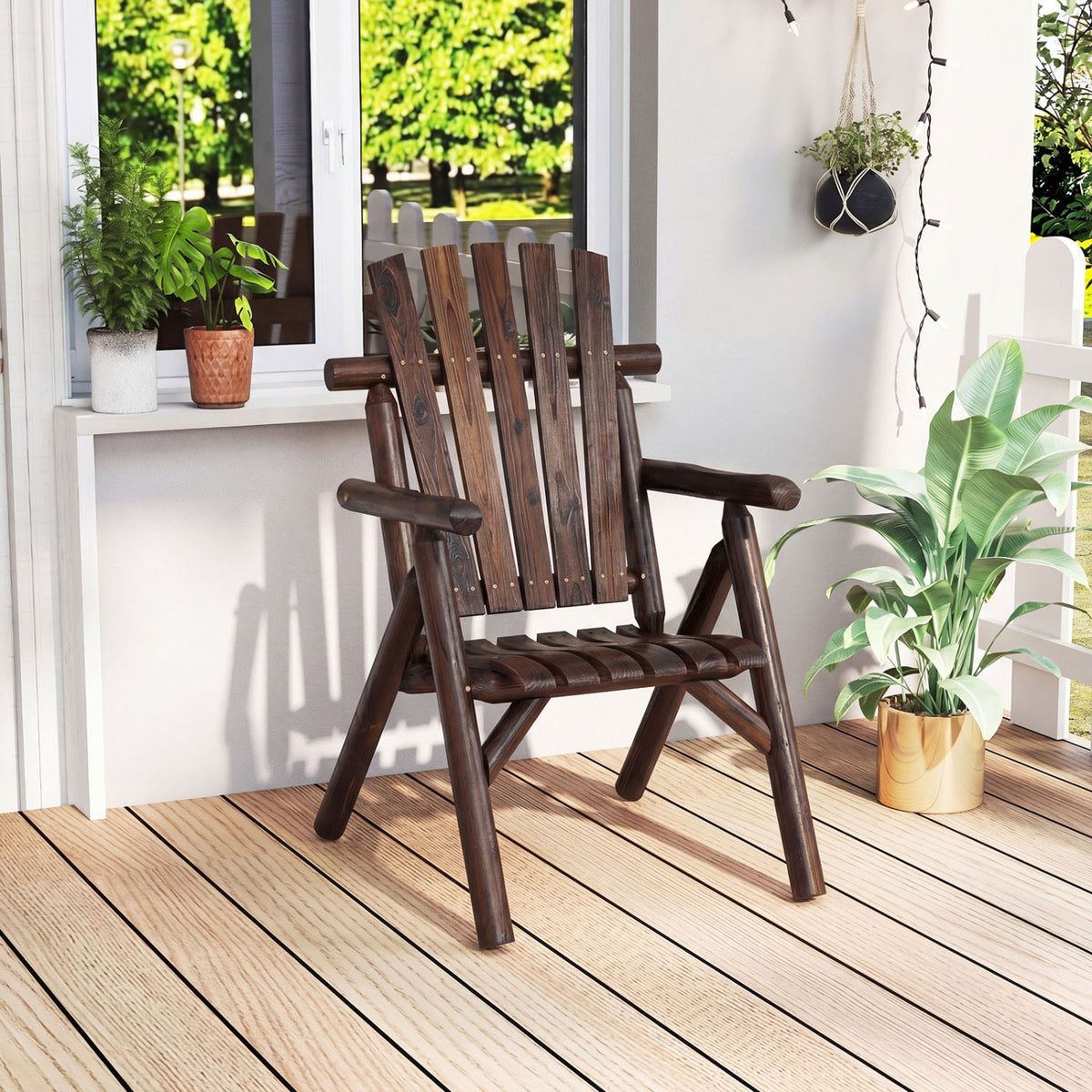Log Wood Patio Chair with Slatted Backrest for Deck Backyard-Brown view 3