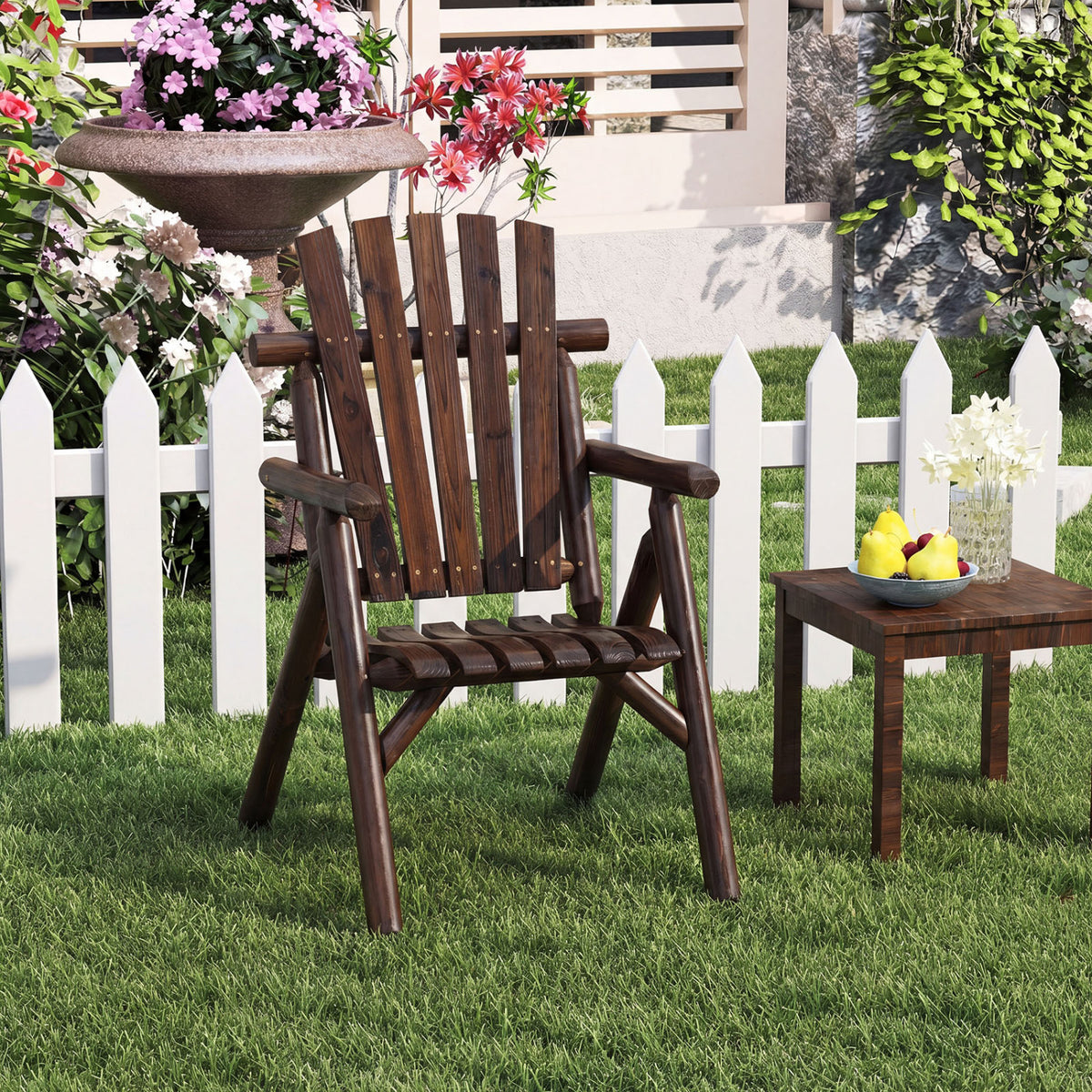 Log Wood Patio Chair with Slatted Backrest for Deck Backyard-Brown view 6
