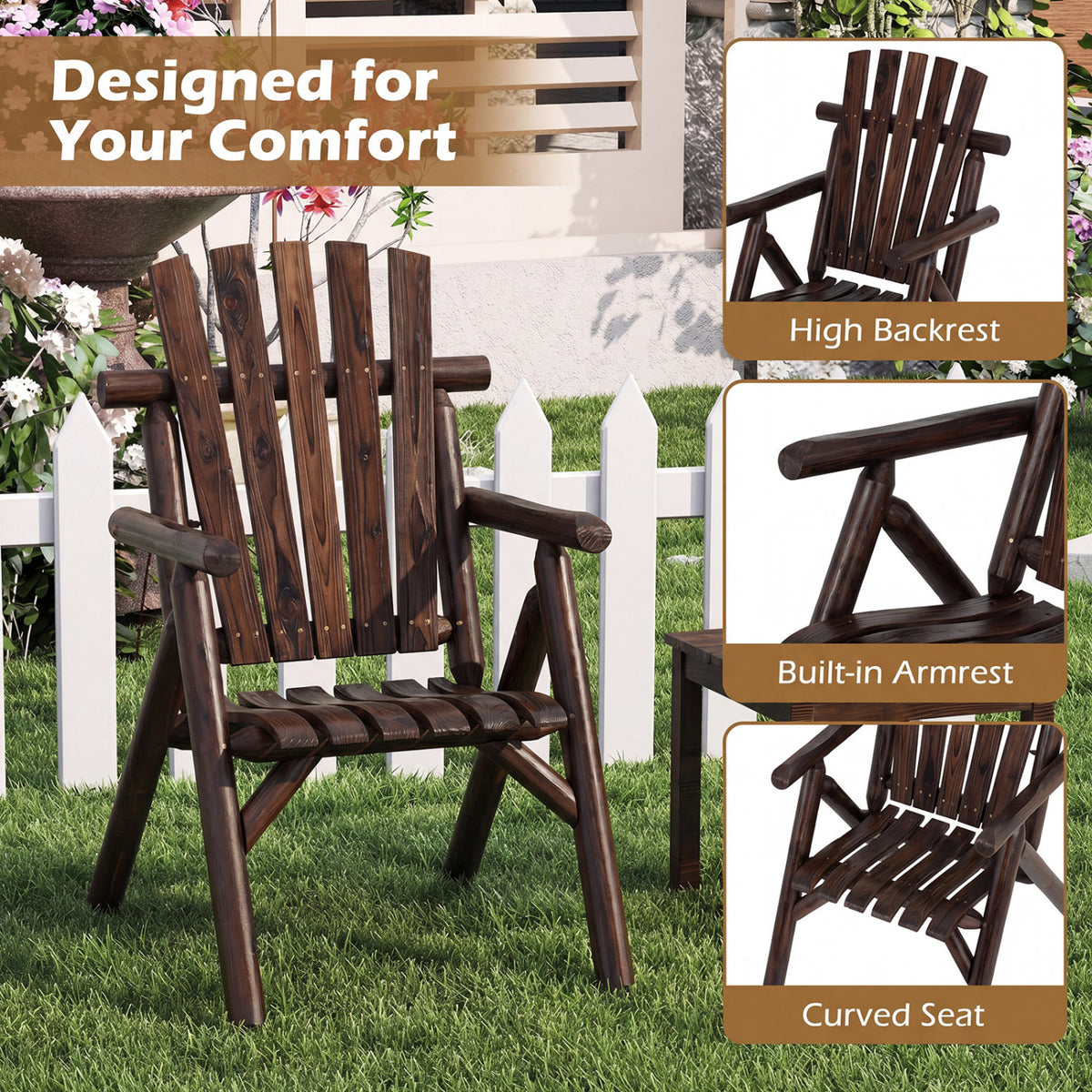 Log Wood Patio Chair with Slatted Backrest for Deck Backyard-Brown view 8