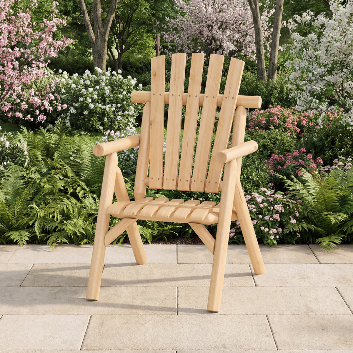 Log Wood Patio Chair with Slatted Backrest for Deck Backyard-Natural view 2