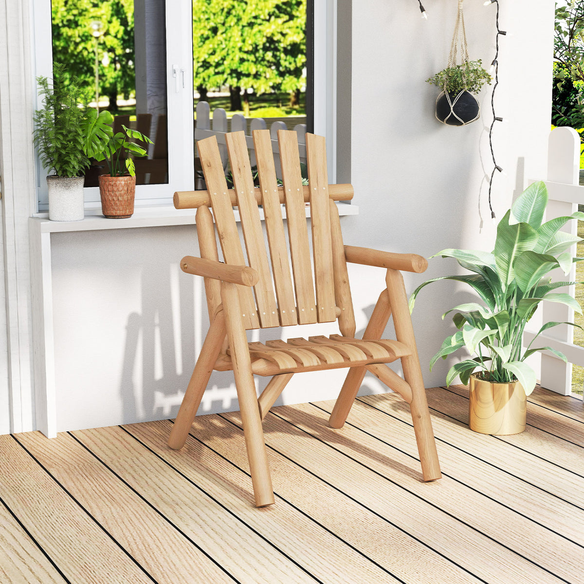 Log Wood Patio Chair with Slatted Backrest for Deck Backyard-Natural view 3