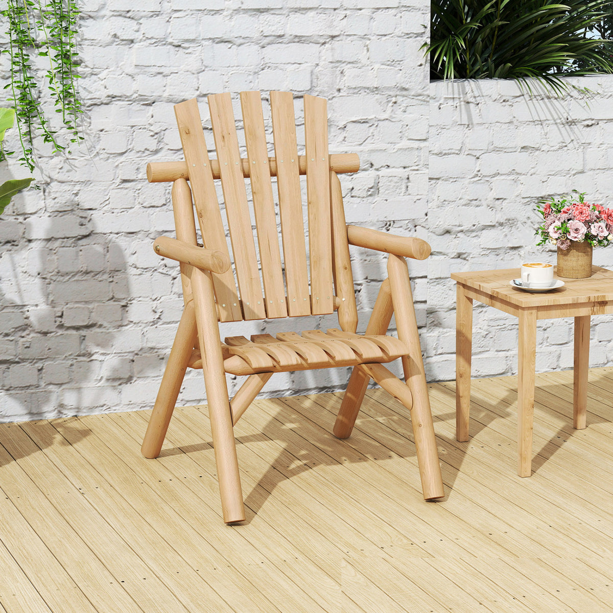 Log Wood Patio Chair with Slatted Backrest for Deck Backyard-Natural view 5