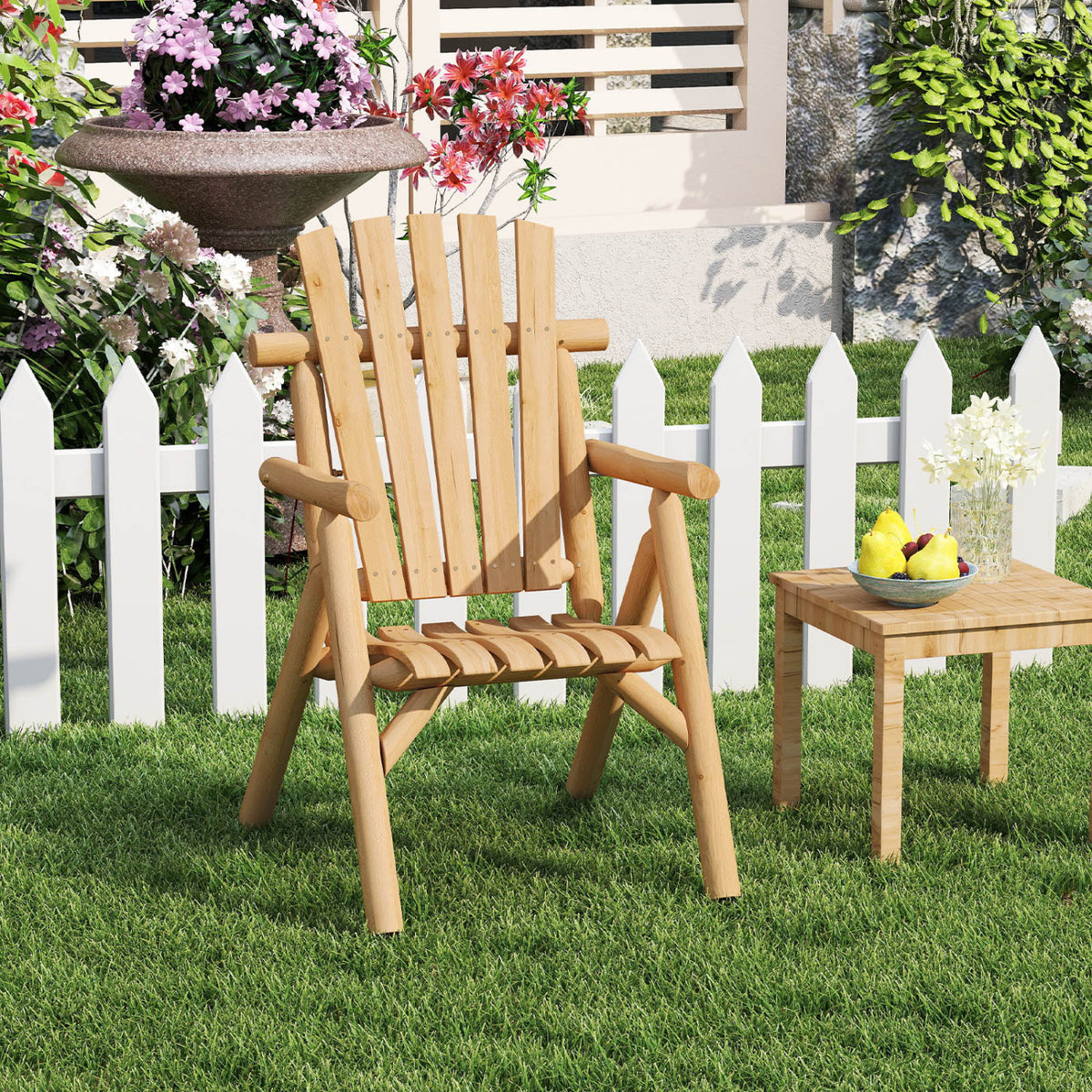 Log Wood Patio Chair with Slatted Backrest for Deck Backyard-Natural view 6