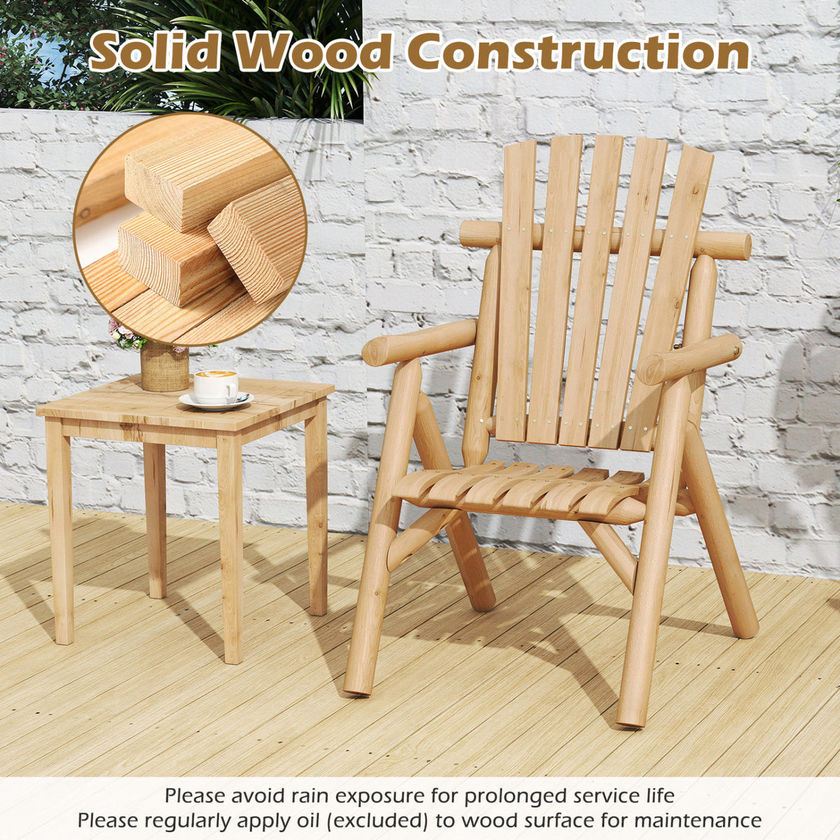 Log Wood Patio Chair with Slatted Backrest for Deck Backyard-Natural view 7