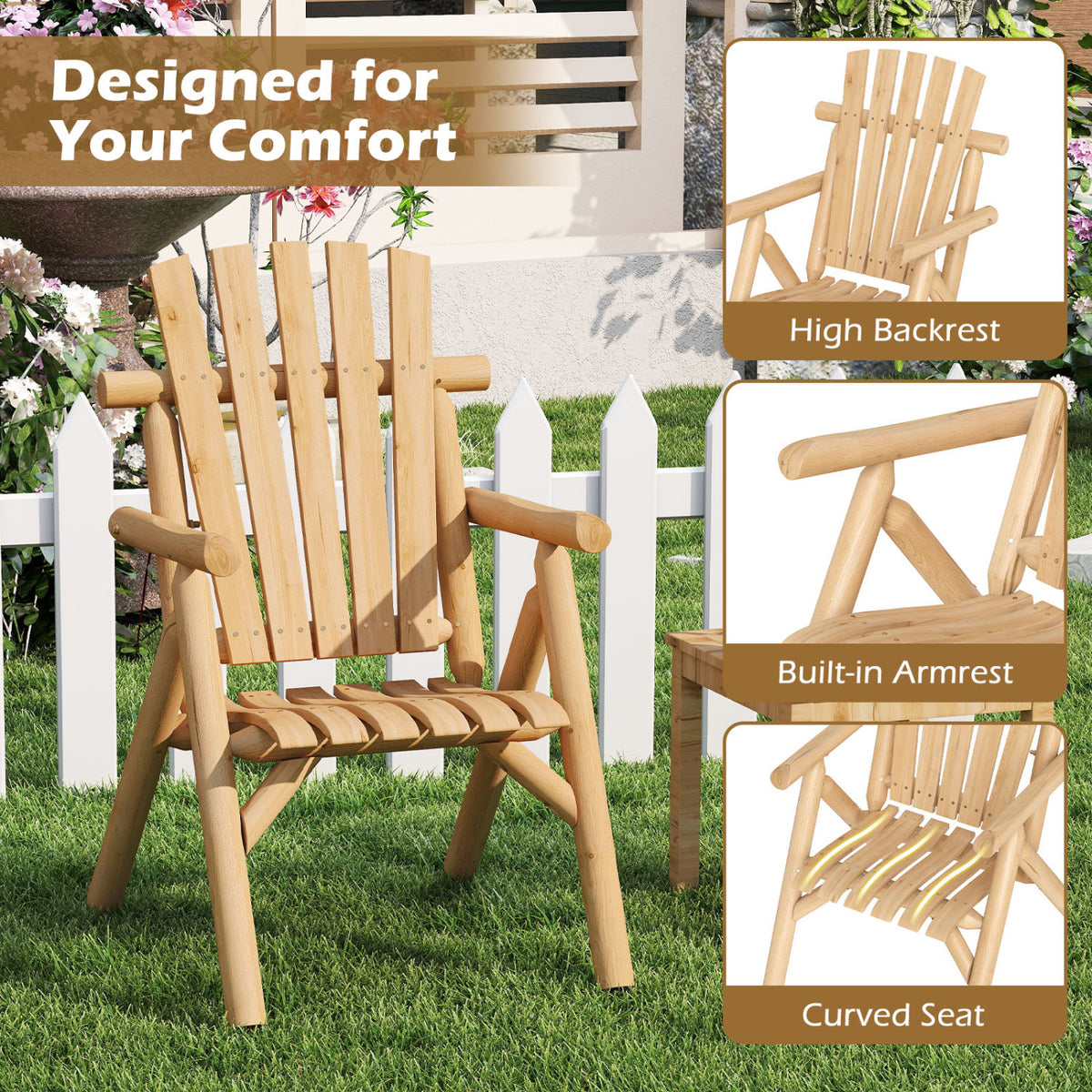 Log Wood Patio Chair with Slatted Backrest for Deck Backyard-Natural view 8