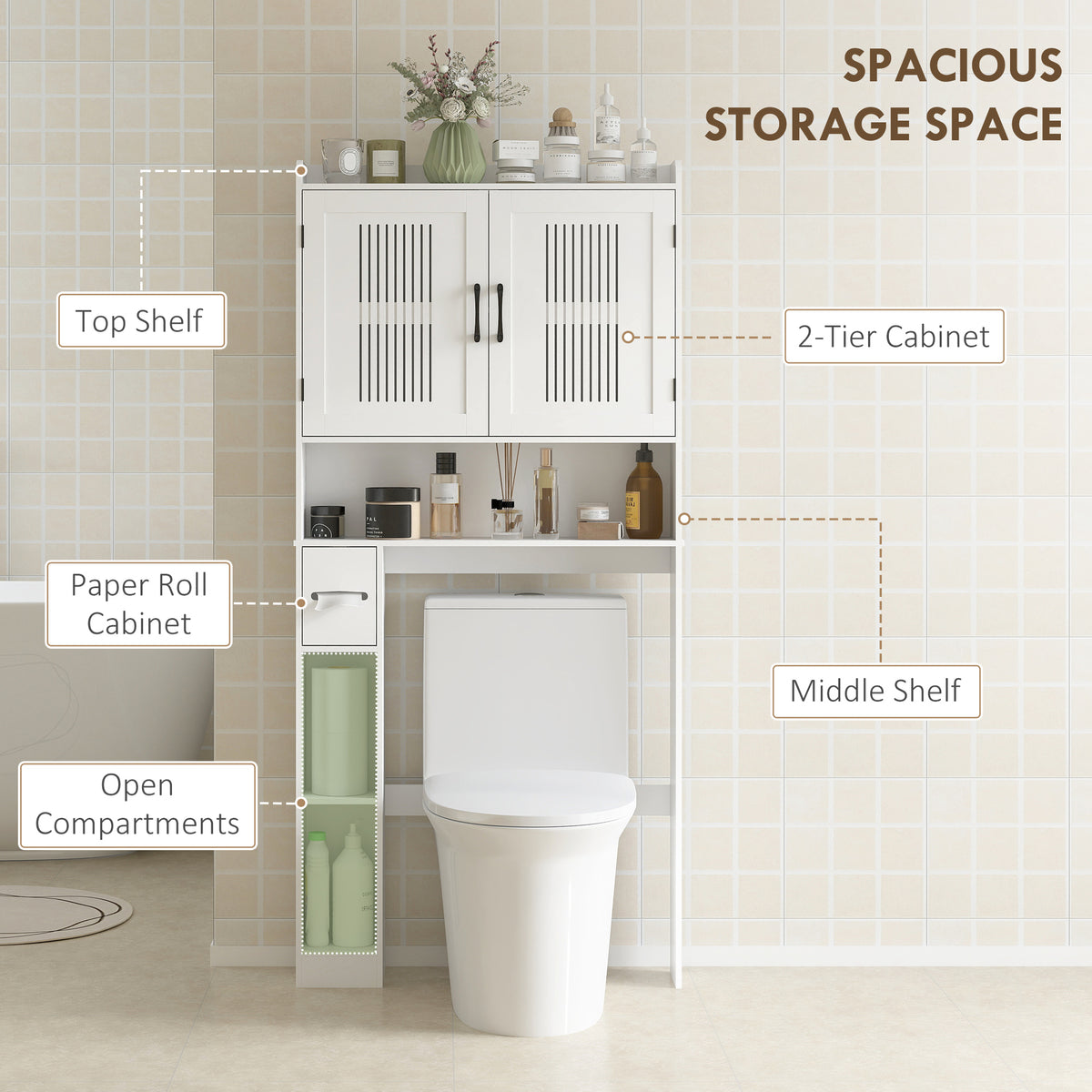 Over the Toilet Storage Cabinet, Bathroom Organizer with Adjustable Shelf, Toilet Paper Holder for Bathroom, Laundry
