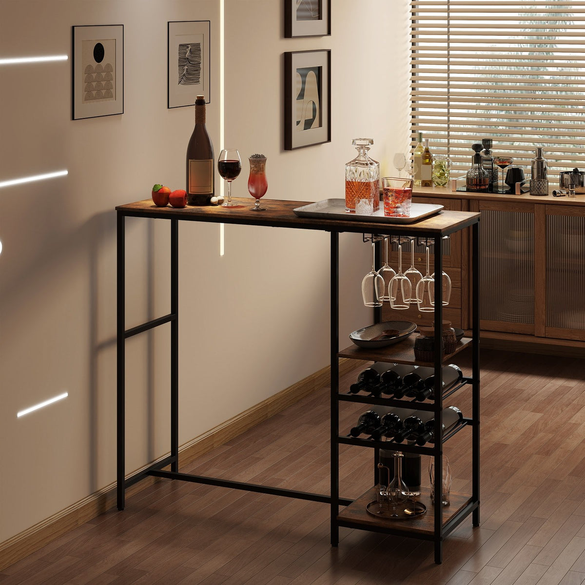 Long Bar Table Bar Height Dining Table with Storage Shelves-Rustic Brown view 3