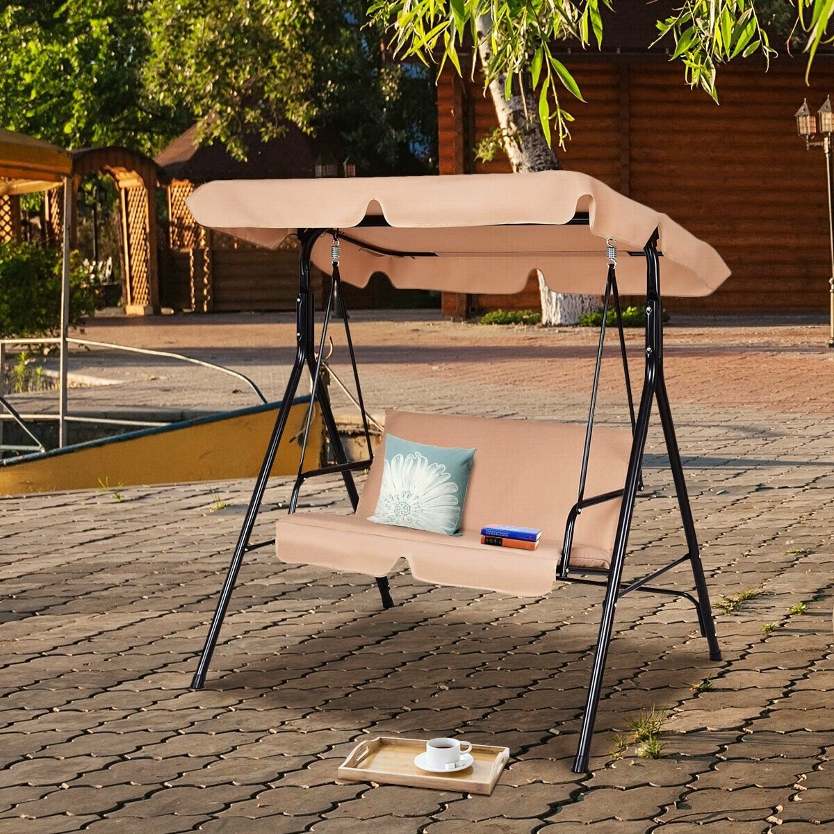 Loveseat Cushioned Patio Steel Frame Swing Glider -Beige view 3
