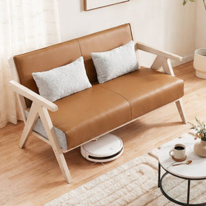 Loveseat Sofa for Small Spaces with Throw Pillows Rubber Wood Frame Padded Seat-Brown view 2