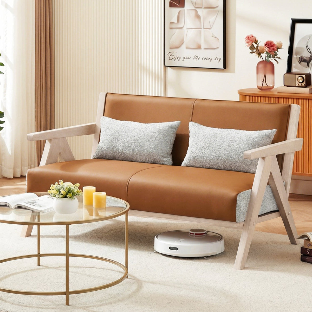 Loveseat Sofa for Small Spaces with Throw Pillows Rubber Wood Frame Padded Seat-Brown view 3