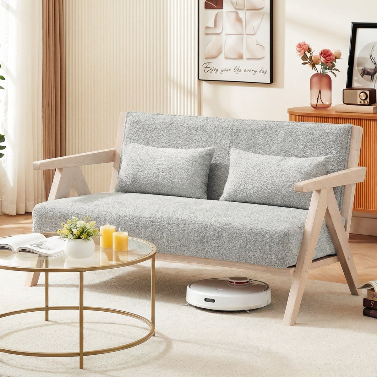 Loveseat Sofa for Small Spaces with Throw Pillows Rubber Wood Frame Padded Seat-Gray view 3