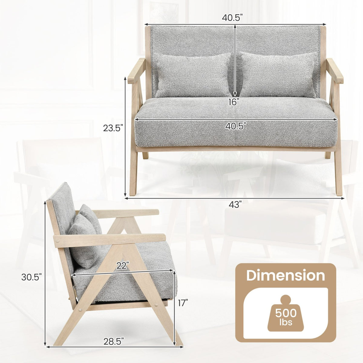 Loveseat Sofa for Small Spaces with Throw Pillows Rubber Wood Frame Padded Seat-Gray view 5