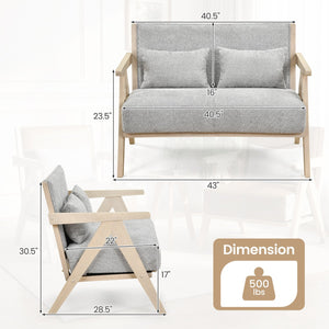 Loveseat Sofa for Small Spaces with Throw Pillows Rubber Wood Frame Padded Seat-Gray view 5
