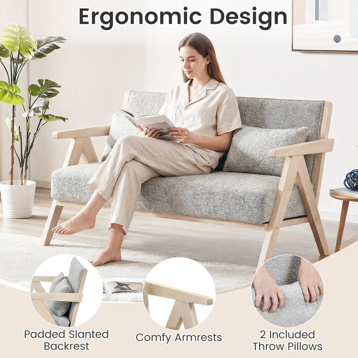 Loveseat Sofa for Small Spaces with Throw Pillows Rubber Wood Frame Padded Seat-Gray view 9